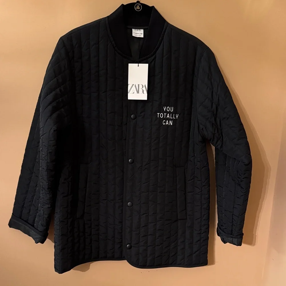 Zara Black Quilted Bomber Jacket with 'You Totally Can' Embroidery